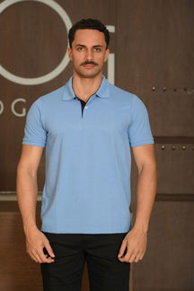 Polo Masculina Ogochi Manga Curta Premium Slim Piquet Azul Céu