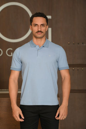 Polo Masculina Ogochi Manga Curta Casual Slim Piquet Azul Jeans