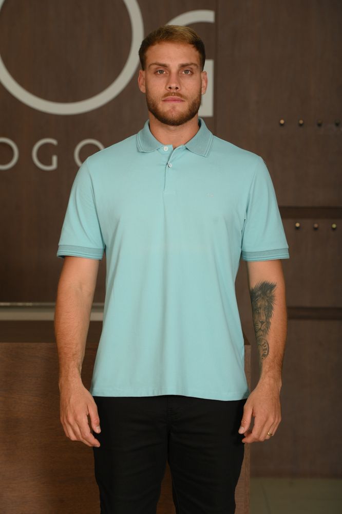 Polo Masculina Ogochi Manga Curta Casual Slim Piquet Azul Bebê