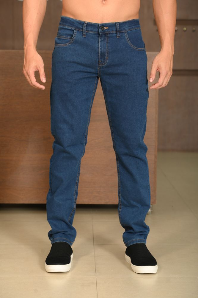 Calça Masculina Ogochi Jeans Slim Básica Lavada Azul Médio