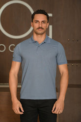 Polo Masculina Ogochi Manga Curta Concept Slim Piquet Mescla Azul Médio