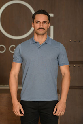 Polo Masculina Ogochi Manga Curta Concept Slim Piquet Mescla Azul Médio