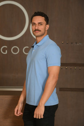 Polo Masculina Ogochi Manga Curta Premium Slim Piquet Azul Céu