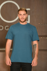 Camiseta Masculina Ogochi Manga Curta Essencial Slim Meia Malha 100% Algodão Azul Petróleo
