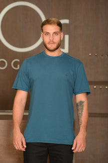 Camiseta Masculina Ogochi Manga Curta Essencial Slim Meia Malha 100% Algodão Azul Petróleo