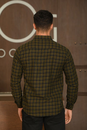 Camisa Masculina Ogochi Manga Longa Casual Slim Flanela Xadrez Verde Musgo