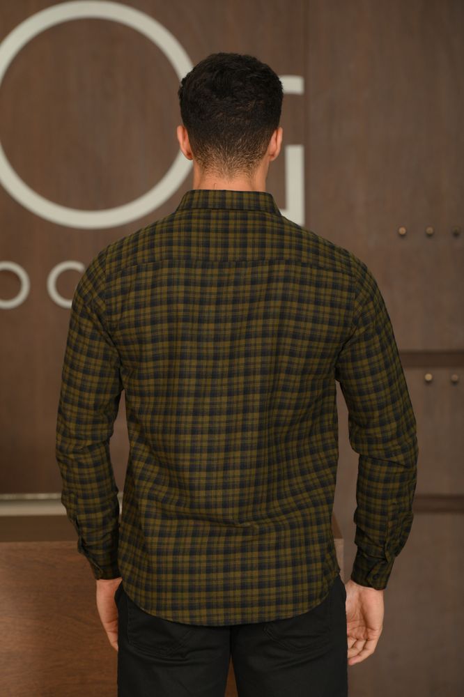 Camisa Masculina Ogochi Manga Longa Casual Slim Flanela Xadrez Verde Musgo