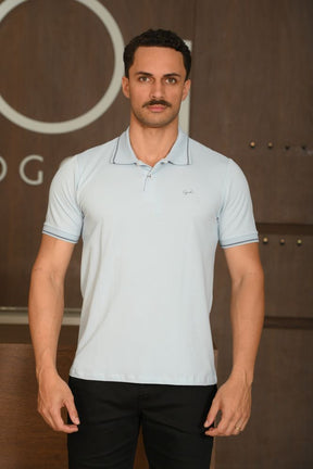 Polo Masculina Ogochi Manga Curta Casual Slim Piquet Listrada Azul
