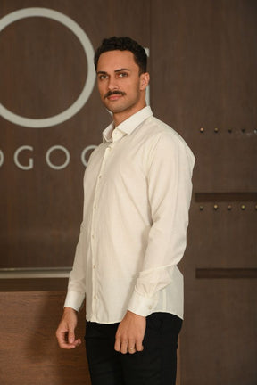 Camisa Masculina Ogochi Manga Longa Casual Slim Mescla Listrada Linho Cinza