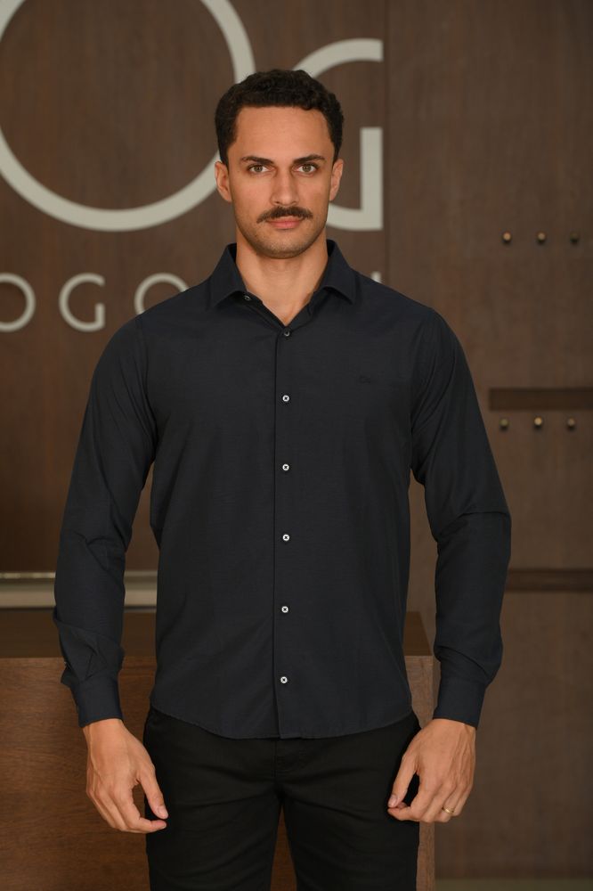 Camisa Masculina Ogochi Manga Longa Essencial Slim Fil A Fil Azul Marinho
