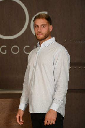 Camisa Masculina Ogochi Manga Longa Casual Tradicional Azul