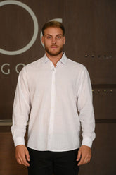 Camisa Masculina Ogochi Manga Longa Casual Tradicional Branca