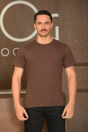 Camiseta Masculina Ogochi Manga Curta Essencial Slim Meia Malha Chocolate Torte