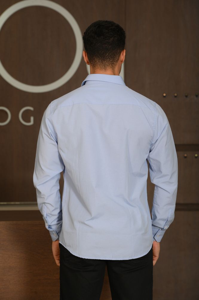 Camisa Masculina Ogochi Manga Longa Essencial Slim Tricoline Azul Céu