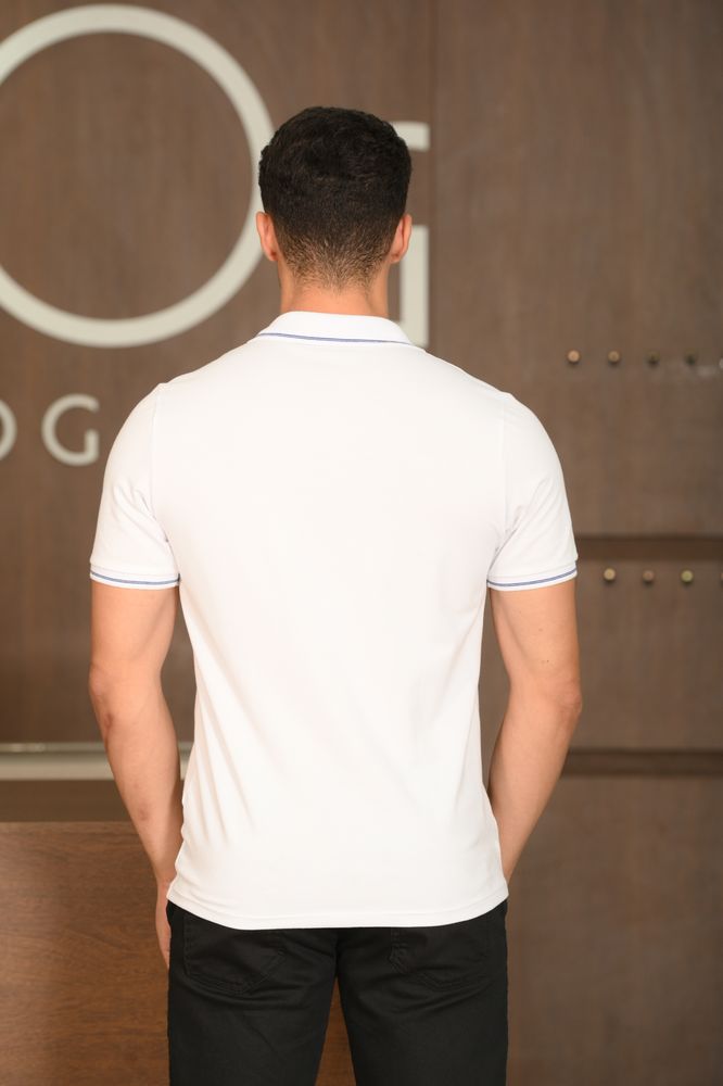 Polo Masculina Ogochi Manga Curta Casual Slim Piquet Listrada Branca