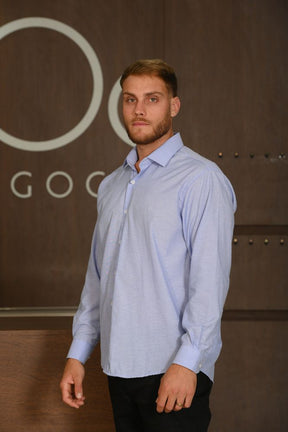 Camisa Masculina Ogochi Manga Longa Essencial Tradicional Fil A Fil Azul Royal