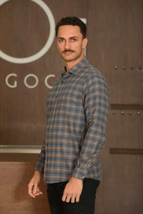 Camisa Masculina Ogochi Manga Longa Casual Slim Flanela Xadrez Castor