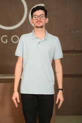 Polo Masculina Ogochi Manga Curta Casual Slim Listrada Sterling Blue