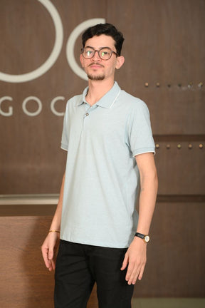 Polo Masculina Ogochi Manga Curta Casual Slim Listrada Sterling Blue