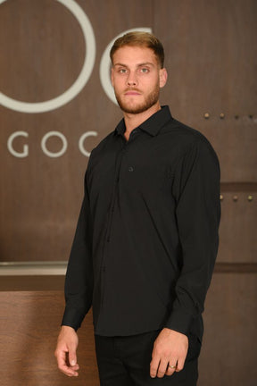 Camisa Masculina Ogochi Manga Longa Essencial Tradicional Com Bolso Preta