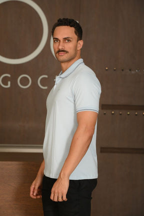 Polo Masculina Ogochi Manga Curta Casual Slim Piquet Listrada Azul