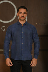 Camisa Masculina Ogochi Manga Longa Casual Slim Flanela Xadrez Azul Acinzentado