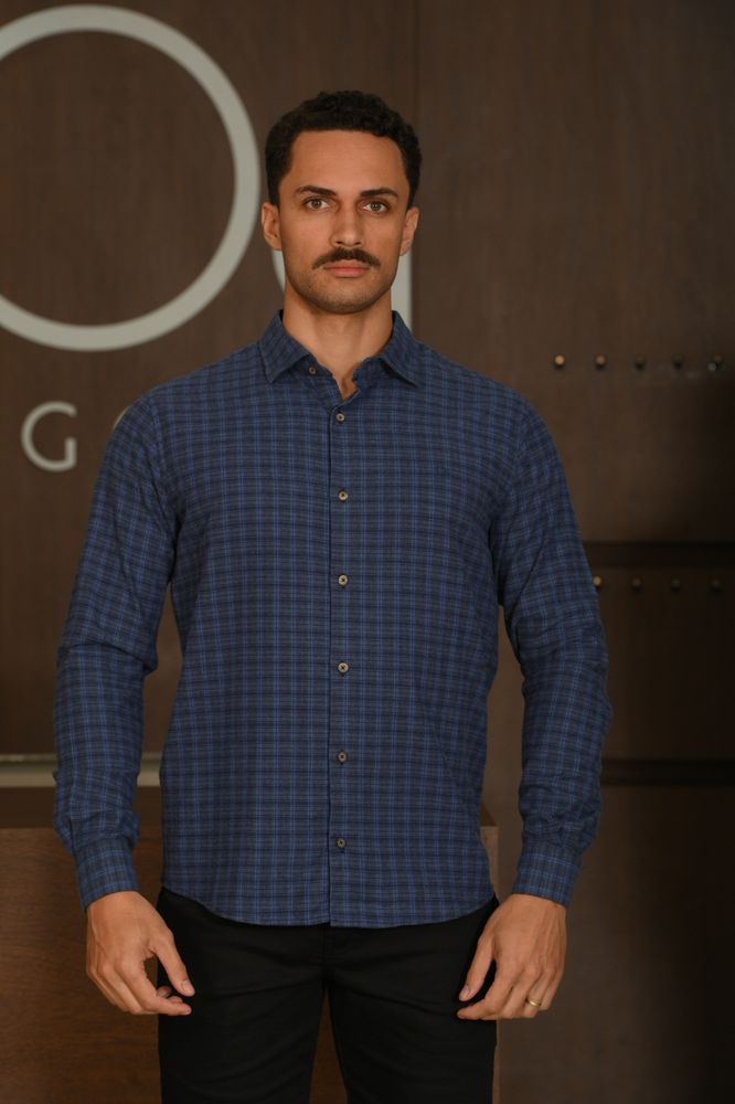 Camisa Masculina Ogochi Manga Longa Casual Slim Flanela Xadrez Azul Acinzentado