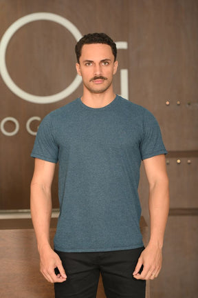 Camiseta Masculina Ogochi Manga Curta Casual Slim Mescla Escura Azul Marinho