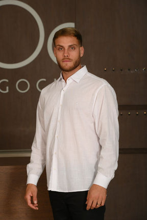 Camisa Masculina Ogochi Manga Longa Casual Tradicional Branca