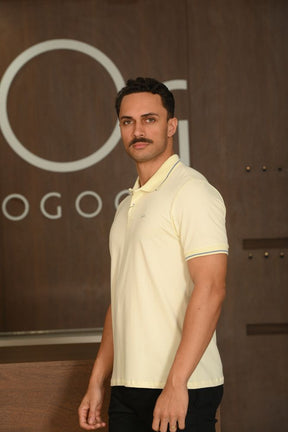 Polo Masculina Ogochi Manga Curta Casual Slim Piquet Amarelo Claro
