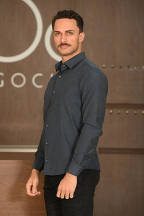 Camisa Masculina Ogochi Manga Longa Essencial Slim Fil A Fil Azul Cobalto