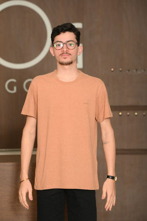 Camiseta Masculina Ogochi Manga Curta Casual Slim Malha Mescla Ocre