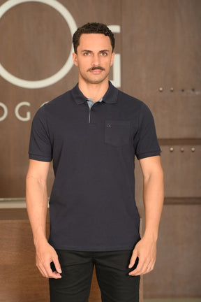 Polo Masculina Ogochi Manga Curta Essencial Slim Com Bolso Azul Marinho
