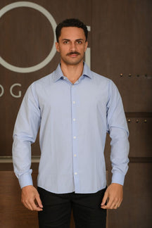 Camisa Masculina Ogochi Manga Longa Essencial Slim Tricoline Azul Céu