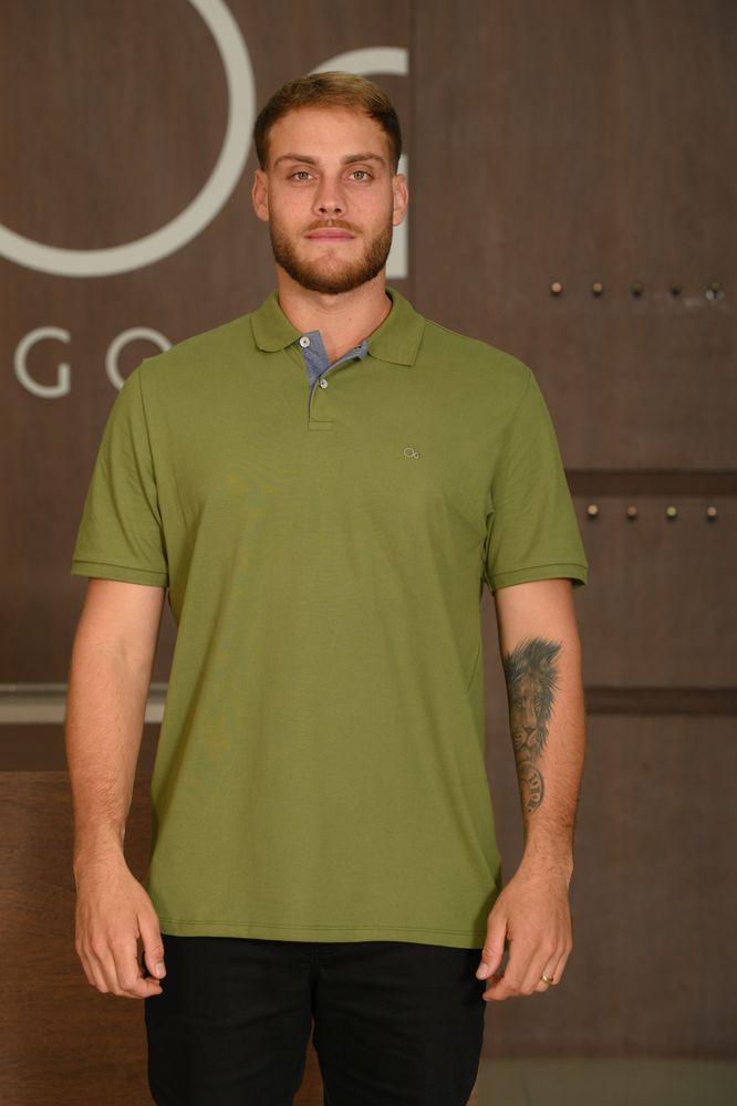 Polo Masculina Ogochi Manga Curta Essencial Slim Verde Esfumaçado