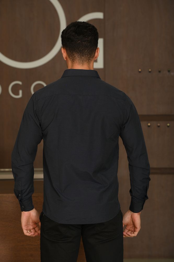 Camisa Masculina Ogochi Manga Longa Essencial Slim Fil A Fil Azul Marinho