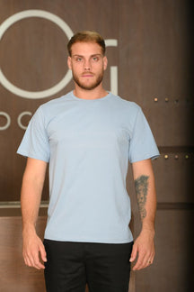 Camiseta Masculina Ogochi Manga Curta Slim Premium Meia Malha Azul Céu