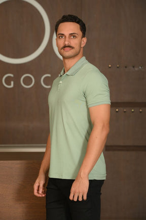 Polo Masculina Ogochi Manga Curta Casual Slim Piquet Verde Claro